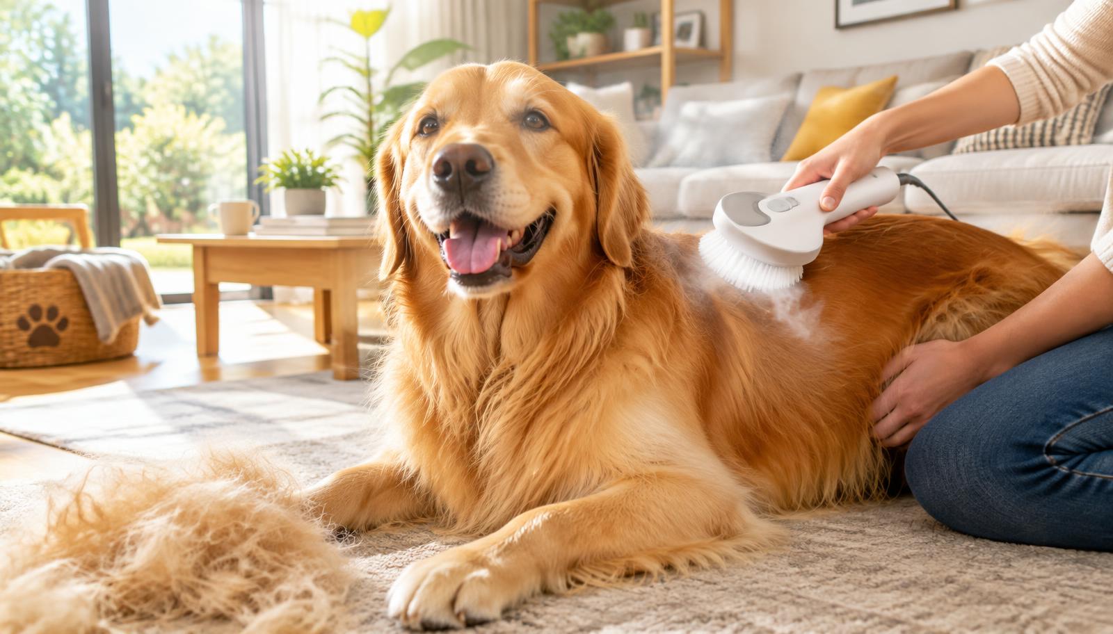 Chien brossé avec la brosse vapeur Poilu & Co